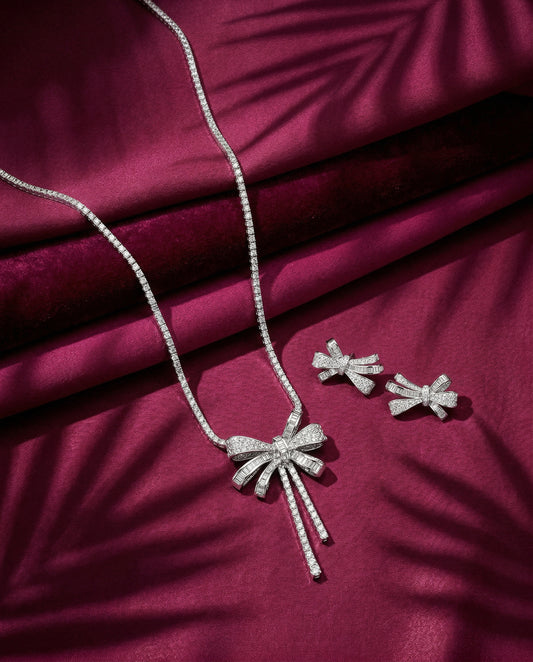 Etheral Bow Necklace With Earrings